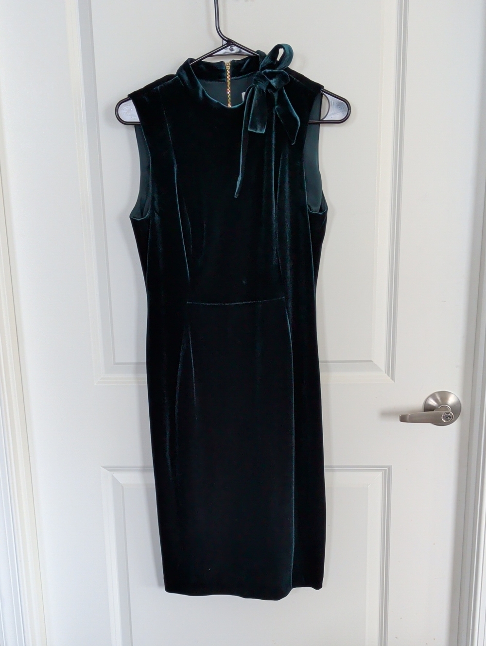Calvin Klein Sleeveless Velvet Sheath Dress with Neck Tie - Dark Green